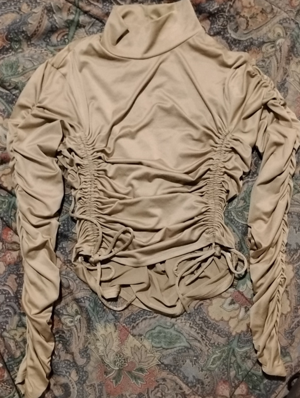 Heart&Hips- Beige Ruched Long-Sleeve Mock-neck Top